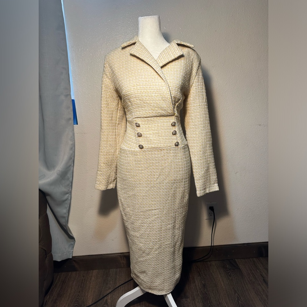 Winter dresses yellow tone long sleeve crossed collar woman size s